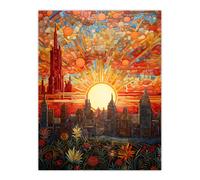 Artery8 Wall Art Print Seville Spain Magnificent Sunrise Over Cathedral Abstract Cityscape Flowers Artwork Painting Poster | Size: W12" x H16" Artery8 Orange W12" x H16"