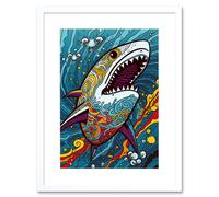 Artery8 Wall Art Print Shark Acrylic Painting Colourful Psychedelic Patterns Aquatic Animal Pop Artwork Framed 9X7 Inch in White | Size: W7" x H9" Artery8 White W7" x H9"