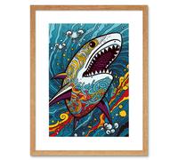Artery8 Wall Art Print Shark Acrylic Painting Colourful Psychedelic Patterns Aquatic Animal Pop Artwork Framed 9X7 Inch in Beige | Size: W7" x H9" Artery8 Beige W7" x H9"
