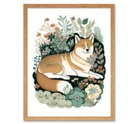 Artery8 Wall Art Print Shiba Inu Dog Lying in Flower Field Modern Stylised Art Framed in Light Oak | Size: W12" x H16" Artery8 Light Oak W12" x H16"