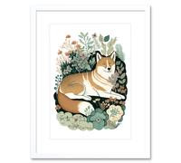 Artery8 Wall Art Print Shiba Inu Dog Lying in Flower Field Modern Stylised Artwork Framed 9X7 Inch in White | Size: W7" x H9" Artery8 White W7" x H9"