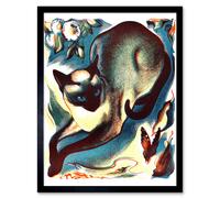 Artery8 Wall Art Print Siamese Cat Flower & Butterfly Animal Linocut Colourful Art Framed in Black | Size: W12" x H16" Artery8 Black W12" x H16"