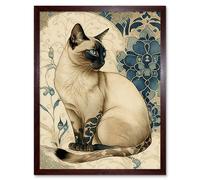 Artery8 Wall Art Print Siamese Cat with Blue Flower Pattern Modern Art Nouveau Watercolour Art Framed in Brown | Size: W12" x H16" Artery8 Brown W12" x H16"
