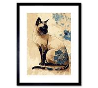 Artery8 Wall Art Print Siamese Cat With Blue Flowers Watercolour And Ink Modern Artwork Framed 9X7 Inch
