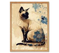 Wall Art Print Siamese Cat with Blue Flowers Watercolour and Ink Modern Art Framed Artery8 Light Oak W12 inch x H16 inch