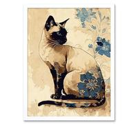 Artery8 Wall Art Print Siamese Cat with Blue Flowers Watercolour & Ink Modern Art Framed in White | Size: W12" x H16" Artery8 White W12" x H16"
