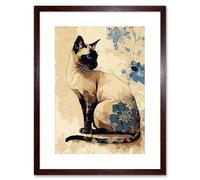 Artery8 Wall Art Print Siamese Cat with Blue Flowers Watercolour & Ink Modern Artwork Framed 9X7 Inch in Brown | Size: W7" x H9" Artery8 Brown W7" x H9"