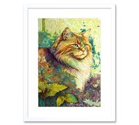 Artery8 Wall Art Print Siberian Cat in Nature Vibrant Colourful Modern Portrait Artwork Framed 9X7 Inch in White | Size: W7" x H9" Artery8 White W7" x H9"