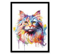 Artery8 Siberian Cat Lover Gift Pet Portrait Pastel Colour Rainbow Artwork Painting Artwork Framed Wall Art Print A4