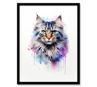 Artery8 Wall Art Print Siberian Cat Lovers Gift Watercolour Pet Portrait Painting Artwork Art Framed | Size: A4 Artery8 Multicolor A4