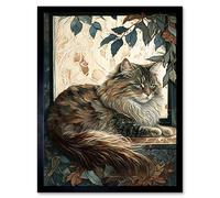 Artery8 Wall Art Print Siberian Cat Perched on Window Sill in Autumn Modern Art Framed in Black | Size: W12" x H16" Artery8 Black W12" x H16"