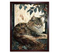 Artery8 Wall Art Print Siberian Cat Perched on Window Sill in Autumn Modern Art Framed in Brown | Size: W12" x H16" Artery8 Brown W12" x H16"