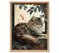 Artery8 Wall Art Print Siberian Cat Perched on Window Sill in Autumn Modern Art Framed in Light Oak | Size: W12" x H16" Artery8 Light Oak W12" x H16"