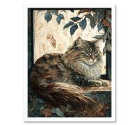 Artery8 Wall Art Print Siberian Cat Perched on Window Sill in Autumn Modern Art Framed in White | Size: W12" x H16" Artery8 White W12" x H16"