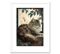 Artery8 Wall Art Print Siberian Cat Perched on Window Sill in Autumn Modern Artwork Framed 9X7 Inch in White | Size: W7" x H9" Artery8 White W7" x H9"