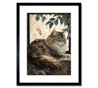 Artery8 Wall Art Print Siberian Cat Perched On Window Sill In Autumn Modern Artwork Framed 9X7 Inch