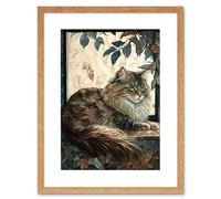 Artery8 Wall Art Print Siberian Cat Perched on Window Sill in Autumn Modern Artwork Framed 9X7 Inch in Beige | Size: W7" x H9" Artery8 Beige W7" x H9"