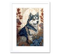 Artery8 Wall Art Print Siberian Husky Dog in Autumn Flower Field Modern Art Nouveau Artwork Framed 9X7 Inch in White | Size: W7" x H9" Artery8 White W7" x H9"