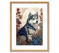 Artery8 Wall Art Print Siberian Husky Dog in Autumn Flower Field Modern Art Nouveau Artwork Framed 9X7 Inch in Beige | Size: W7" x H9" Artery8 Beige W7" x H9"