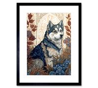 Artery8 Wall Art Print Siberian Husky Dog in Autumn Flower Field Modern Art Nouveau Artwork Framed 9X7 Inch in Black | Size: W7" x H9" Artery8 Black W7" x H9"