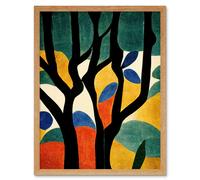 Artery8 Wall Art Print Simple Autumn Trees Orange on Blue Minimalist Matisse Style Painting Art Framed in Light Oak | Size: W12" x H16" Artery8 Light Oak W12" x H16"