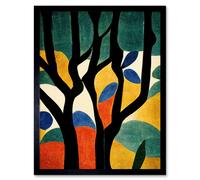 Wee Blue Coo Simple Autumn Trees Orange on Blue Minimalist Matisse Style Painting Art Print Framed Poster Wall Decor 12x16 inch