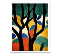 Artery8 Wall Art Print Simple Autumn Trees Orange on Blue Minimalist Matisse Style Painting Art Framed in White | Size: W12" x H16" Artery8 White W12" x H16"