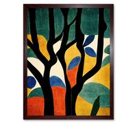 Artery8 Wall Art Print Simple Autumn Trees Orange on Blue Minimalist Matisse Style Painting Art Framed in Brown | Size: W12" x H16" Artery8 Brown W12" x H16"
