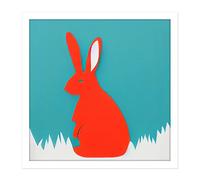 Artery8 Wall Art Print Simple Coral Red Bunny Rabbit On Teal Square Framed Picture 16X16 Inch in White | Size: W16" x H16" Artery8 White W16" x H16"