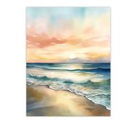 Artery8 Wall Art Print Simple Serene Seashore Sunset Scarlet Sky Sublime Scenic Seascape Poster in Blue | Size: W12" x H16" Artery8 Blue W12" x H16"
