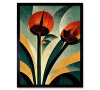 Artery8 Wall Art Print Single Art Deco Flower Painting Coral Navy Green Beige Art Framed in Black | Size: W12" x H16" Artery8 Black W12" x H16"