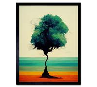 Artery8 Wall Art Print Single Lone Abstract Tree Colourful Bold Rainbow Striped Landscape Watercolour Art Framed in Black | Size: W12" x H16" Artery8 Black W12" x H16"