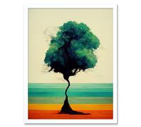 Artery8 Wall Art Print Single Lone Abstract Tree Colourful Bold Rainbow Striped Landscape Watercolour Art Framed in White | Size: W12" x H16" Artery8 White W12" x H16"