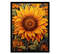 Artery8 Wall Art Print Single Sensational Summer Sunflower Bright Floral Vibrant Yellow William Morris Style Pattern Art Framed in Black | Size: A4 Artery8 Black A4