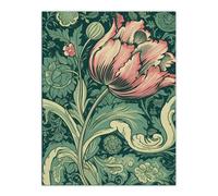 Wall Art Print Single Tulip Flower Art Nouveau Painting Pastel Colour Teal Blue Pink William Morris Style Spring Bloom Colourful Bright Floral Modern Artery8 Green W18 inch x H24 inch