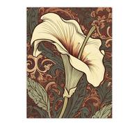 Artery8 Single White Cala Lily Flower Art Nouveau Painting Pastel Colour Teal Green Red William Morris Style Patterns Colourful Bright Floral Modern Artwork Unframed Wall Art Print Poster Home Decor