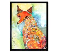 Artery8 Wall Art Print Sitting Fox Folk Art Watercolour Painting Art Framed in Black | Size: W12" x H16" Artery8 Black W12" x H16"