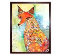 Artery8 Wall Art Print Sitting Fox Folk Art Watercolour Painting Art Framed in Brown | Size: W12" x H16" Artery8 Brown W12" x H16"