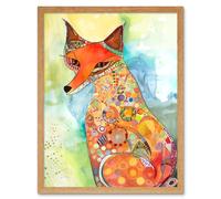 Artery8 Wall Art Print Sitting Fox Folk Art Watercolour Painting Art Framed in Light Oak | Size: W12" x H16" Artery8 Light Oak W12" x H16"