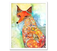 Artery8 Wall Art Print Sitting Fox Folk Art Watercolour Painting Art Framed in White | Size: W12" x H16" Artery8 White W12" x H16"