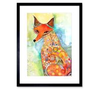 Artery8 Wall Art Print Sitting Fox Folk Art Watercolour Painting Artwork Framed 9X7 Inch in Black | Size: W7" x H9" Artery8 Black W7" x H9"