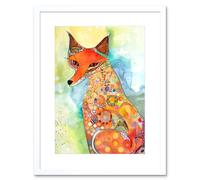 Artery8 Wall Art Print Sitting Fox Folk Art Watercolour Painting Artwork Framed 9X7 Inch in White | Size: W7" x H9" Artery8 White W7" x H9"