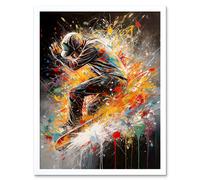 Artery8 Wall Art Print Skateboarder Vibrant Splat Paint Action Shot Art Framed in White | Size: W12" x H16" Artery8 White W12" x H16"