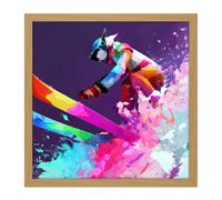 Artery8 Wall Art Print Skier Ski Skiing Action Jump Motion Vibrant Watercolour Multicoloured Snow Winter Sport Square Framed Picture 16X16 Inch Artery8 Light Oak W16" x H16"
