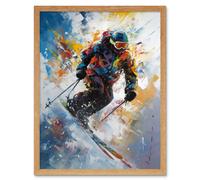 Artery8 Wall Art Print Skier Skiing Down Slope Vibrant Splat Art Painting Art Framed in Light Oak | Size: W12" x H16" Artery8 Light Oak W12" x H16"