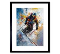 Artery8 Wall Art Print Skier Skiing Down Slope Vibrant Splat Art Painting Artwork Framed 9X7 Inch