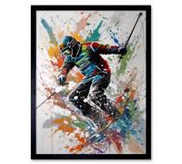Artery8 Wall Art Print Skier Skiing Multicoloured Paint Splat Action Shot Art Framed in Black | Size: W12" x H16" Artery8 Black W12" x H16"
