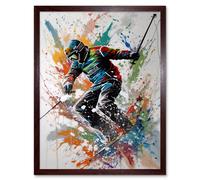 Artery8 Wall Art Print Skier Skiing Multicoloured Paint Splat Action Shot Art Framed in Brown | Size: W12" x H16" Artery8 Brown W12" x H16"
