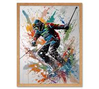 Artery8 Wall Art Print Skier Skiing Multicoloured Paint Splat Action Shot Art Framed in Light Oak | Size: W12" x H16" Artery8 Light Oak W12" x H16"