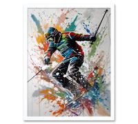 Artery8 Wall Art Print Skier Skiing Multicoloured Paint Splat Action Shot Art Framed in White | Size: W12" x H16" Artery8 White W12" x H16"